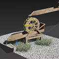 Wooden Water Wheel Garden Ornament With Gravel Grass And Stone Basin