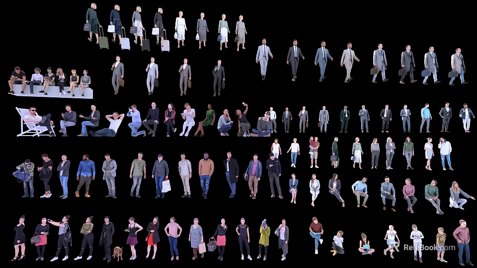 Diverse People Figures With Various Poses And Different Outfits In Design Set 3d model