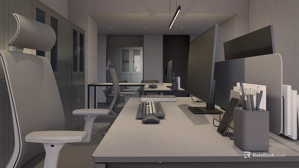 Modern Office Interior Design With Desk Computer Monitor Ergonomic Chair And Storage Cabinets 3d model 