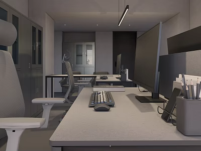Modern Office Interior Design With Desk Computer Monitor Ergonomic Chair And Storage Cabinets 3d model