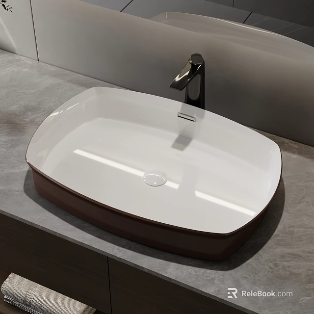 White Ceramic Above Counter Wash Basin With Black Faucet On Gray Stone Countertop 3d model 