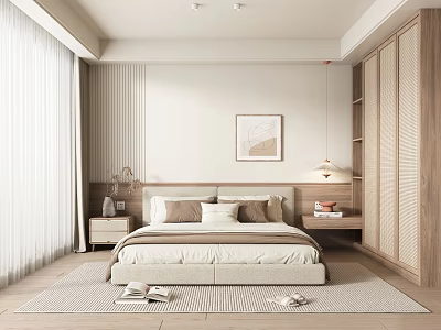 Modern Neutral Toned Bedroom Interior With Bed Wooden Wardrobe Curtains Artwork And Rug 3d model