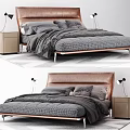 Modern Double Bed With Leather Headboard Gray Checkered Bedding And Nightstands