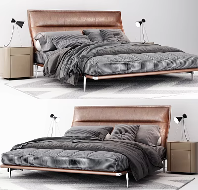 Modern Double Bed With Leather Headboard Gray Checkered Bedding And Nightstands 3d model