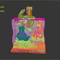 Green Whale in Transparent Cube with Small House on Back Colorful Fish and Orange Base