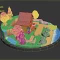 3D Miniature Scene Featuring Small House Brown Roof Green Trees Little Figure Path Rocks Water