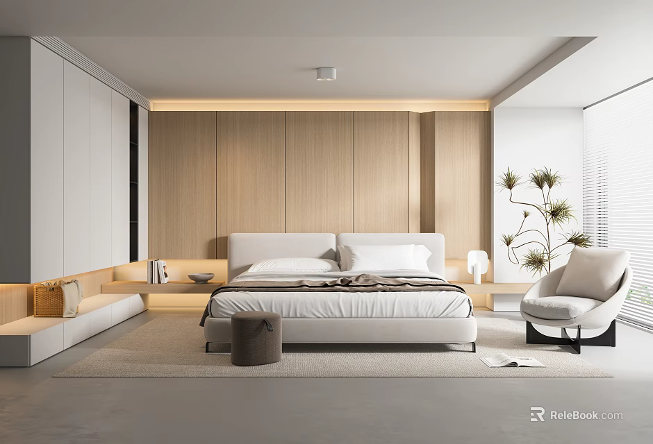 Minimalist Modern Bedroom Interior Design With Wooden Accent Wall White Bed And Armchair 3d model 