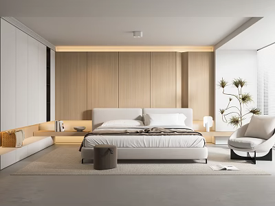 Minimalist Modern Bedroom Interior Design With Wooden Accent Wall White Bed And Armchair 3d model