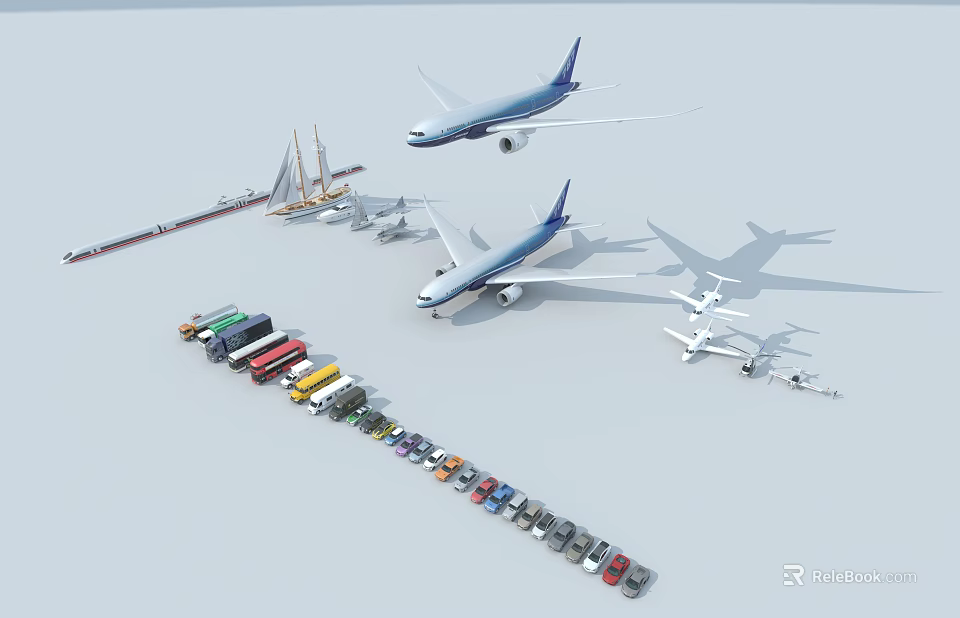 Modern Passenger Planes With Multiple Aircraft Ground Vehicles And Ships 3d model 