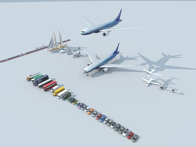 Modern Passenger Planes With Multiple Aircraft Ground Vehicles And Ships 3d model
