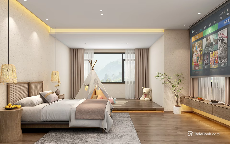 Cozy Modern Hotel Guest Room With Large Bed Teepee Tent Mountain View Window Teddy Bear 3d model 