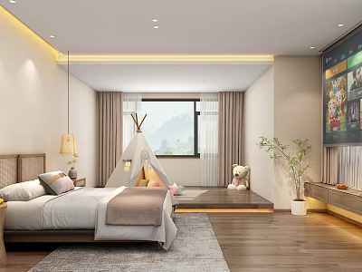 Cozy Modern Hotel Guest Room With Large Bed Teepee Tent Mountain View Window Teddy Bear 3d model