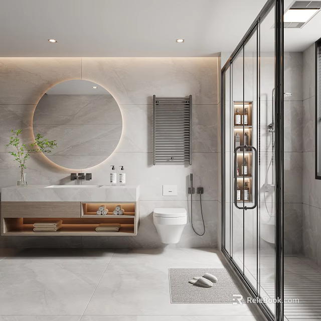 Modern Bathroom Interior With Round Mirror And Glass Shower 3d model 