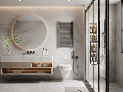 Modern Bathroom Interior With Round Mirror And Glass Shower 3d model
