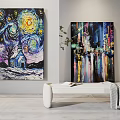Two Oil Paintings With Starry Sky Church Trees And City Night Buildings Lights Reflections