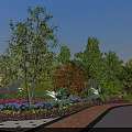 Diverse Plant Combination with Mixed Trees and Pink Purple Flowers in Garden Landscape Pathway