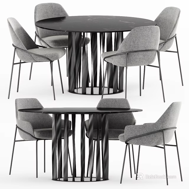 Modern Round Dining Table Set With Black Metal Frame And Gray Fabric Chairs 3d model 