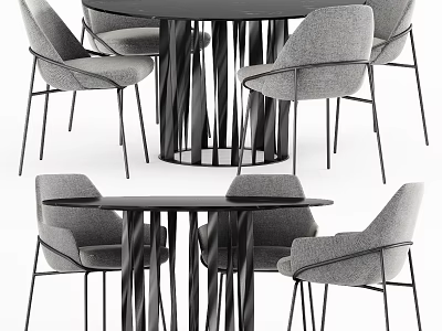 Modern Round Dining Table Set With Black Metal Frame And Gray Fabric Chairs 3d model