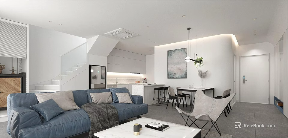 Modern Open Living And Dining Room Interior With Blue Sofa Dining Table And Pendant Lights 3d model 