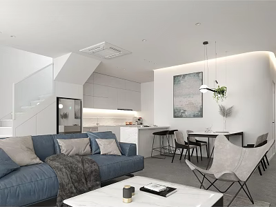 Modern Open Living And Dining Room Interior With Blue Sofa Dining Table And Pendant Lights 3d model