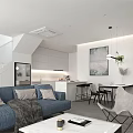 Modern Open Living And Dining Room Interior With Blue Sofa Dining Table And Pendant Lights
