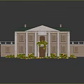 Model House With Green Roof Beige Exterior Lit Windows Porch Columns And Front Reflections