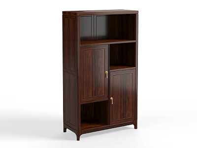 Dark Wooden Bookcase With Closed Doors Open Shelves And Multiple Storage Compartments 3d model
