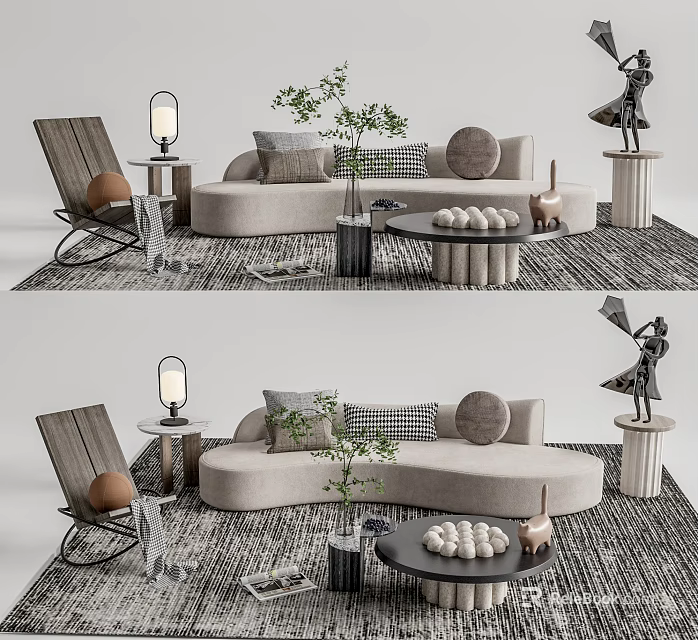 Modern Sofa Coffee Table Set With Beige Linen Sofa Round Coffee Table And Green Plant 3d model 