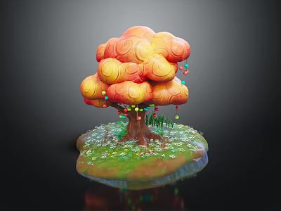 Colorful Cartoon Scene With Cloud Like Tree Orange Yellow Canopy Green Grass And Small Flowers 3d model