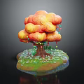 Colorful Cartoon Scene With Cloud Like Tree Orange Yellow Canopy Green Grass And Small Flowers