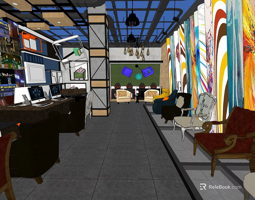 Modern Shopping Mall Store Interior With Colorful Murals Comfortable Seating And Display Shelves 3d model 