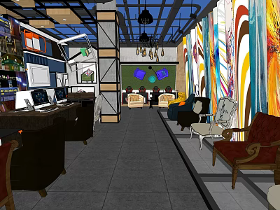 Modern Shopping Mall Store Interior With Colorful Murals Comfortable Seating And Display Shelves 3d model