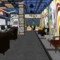 Modern Shopping Mall Store Interior With Colorful Murals Comfortable Seating And Display Shelves