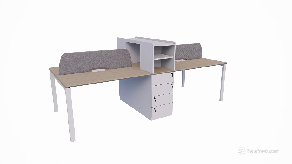 Modern Office Desk With Two Workstations Grey Partition Wooden Top And White Drawer Cabinet 3d model 