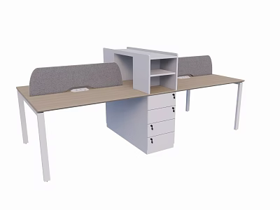 Modern Office Desk With Two Workstations Grey Partition Wooden Top And White Drawer Cabinet 3d model