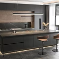 Modern Kitchen Interior With Dark Cabinets Island Counter Pendant Lights And Bar Stools