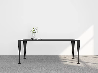 Black Dining Table With Slim Legs Green Plant Vase White Wall And Grey Floor Design 3d model