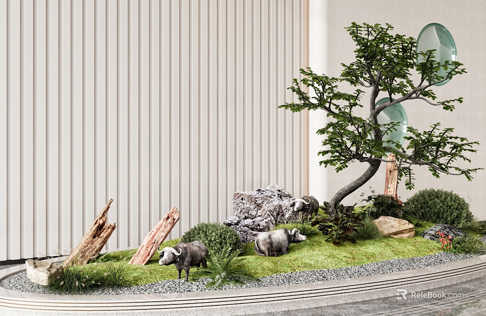 Garden Ornament With Small Tree Stones Buffalo Models Wood Logs Green Grass And Light Wall 3d model 