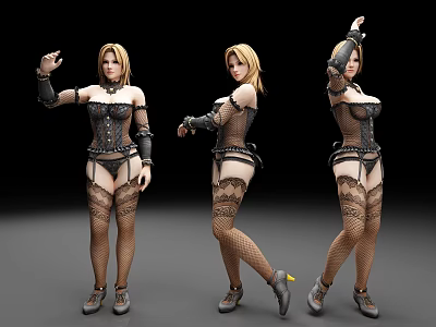 3D Female Character Model In Corset Outfit With Lace Stockings And Different Poses 3d model