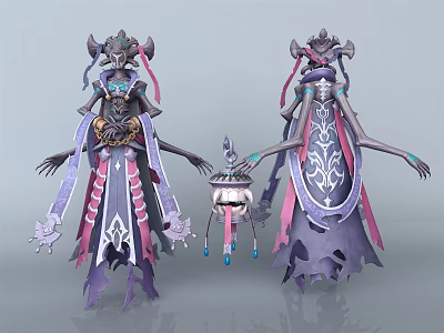 Game Fantasy Character With Elaborate Purple Pink Costumes Flowing Ribbons And Lantern Accessory 3d model
