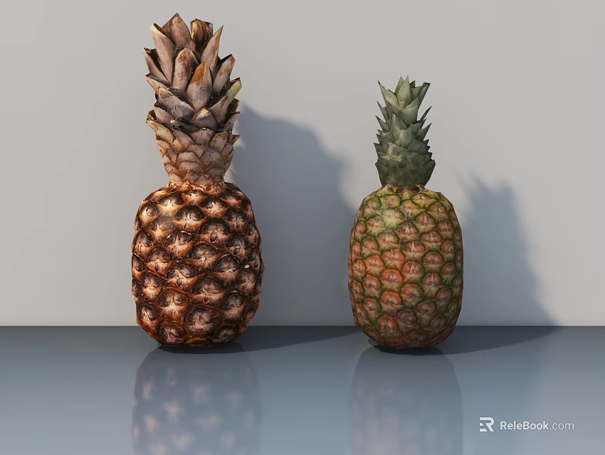 Two Ripe Pineapples In Different Colors On Gray Table With White Background 3d model 