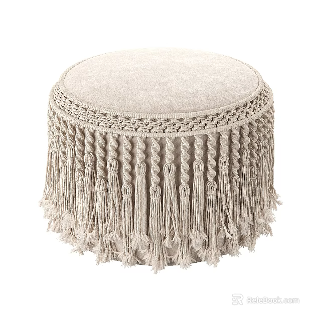 Round Beige Upholstered Ottoman With Braided Trim And Tassel Fringe 3d model 