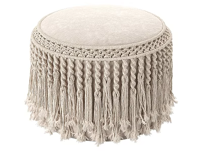 Round Beige Upholstered Ottoman With Braided Trim And Tassel Fringe 3d model