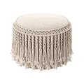 Round Beige Upholstered Ottoman With Braided Trim And Tassel Fringe