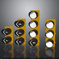 Multiple Yellow Traffic Lights With Black Lenses In Various Sizes On