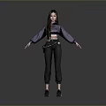 Woman With Long Hair Wearing Purple Jacket Black Pants Fanny Pack And Sneakers