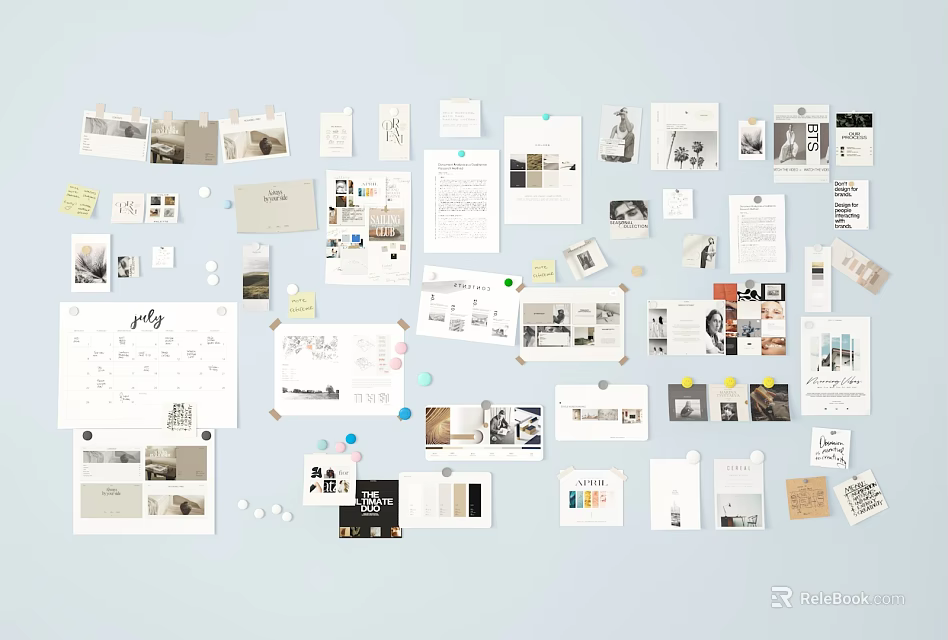 Creative Collage Board Featuring Photos Papers Notes And Design Elements 3d model 