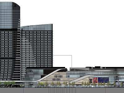 Modern Commercial Complex with High Rise Building Glass Curtain Wall and Multi Story Structure 3d model
