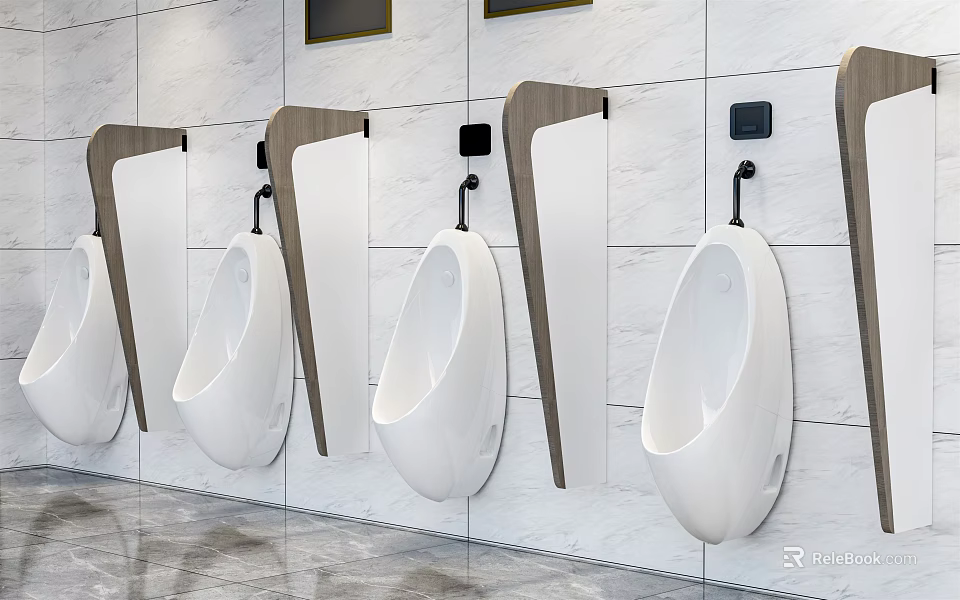 Modern Public Restroom With Wall Mounted White Ceramic Urinals And Wooden Partitions On Tiled Wall 3d model 