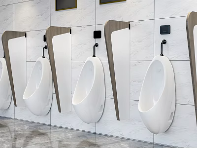 Modern Public Restroom With Wall Mounted White Ceramic Urinals And Wooden Partitions On Tiled Wall 3d model